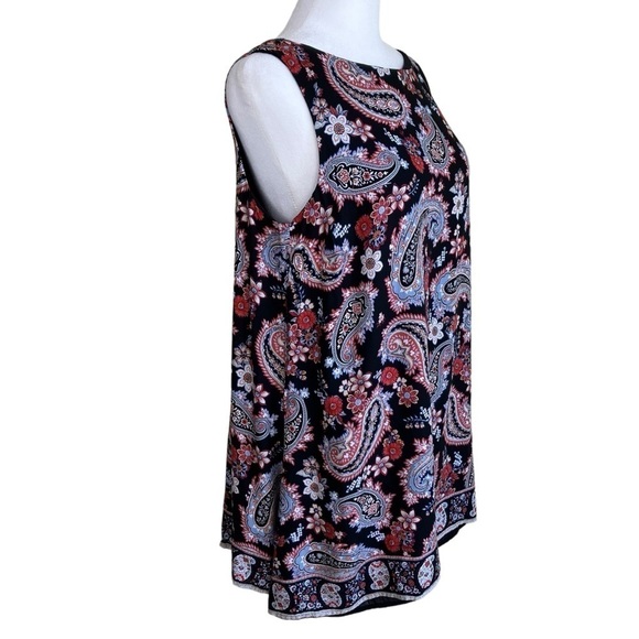 J.Jill Boho Sleeveless Floral Paisley Tunic Top Flyaway Back Red Black Sz SP - Picture 6 of 16